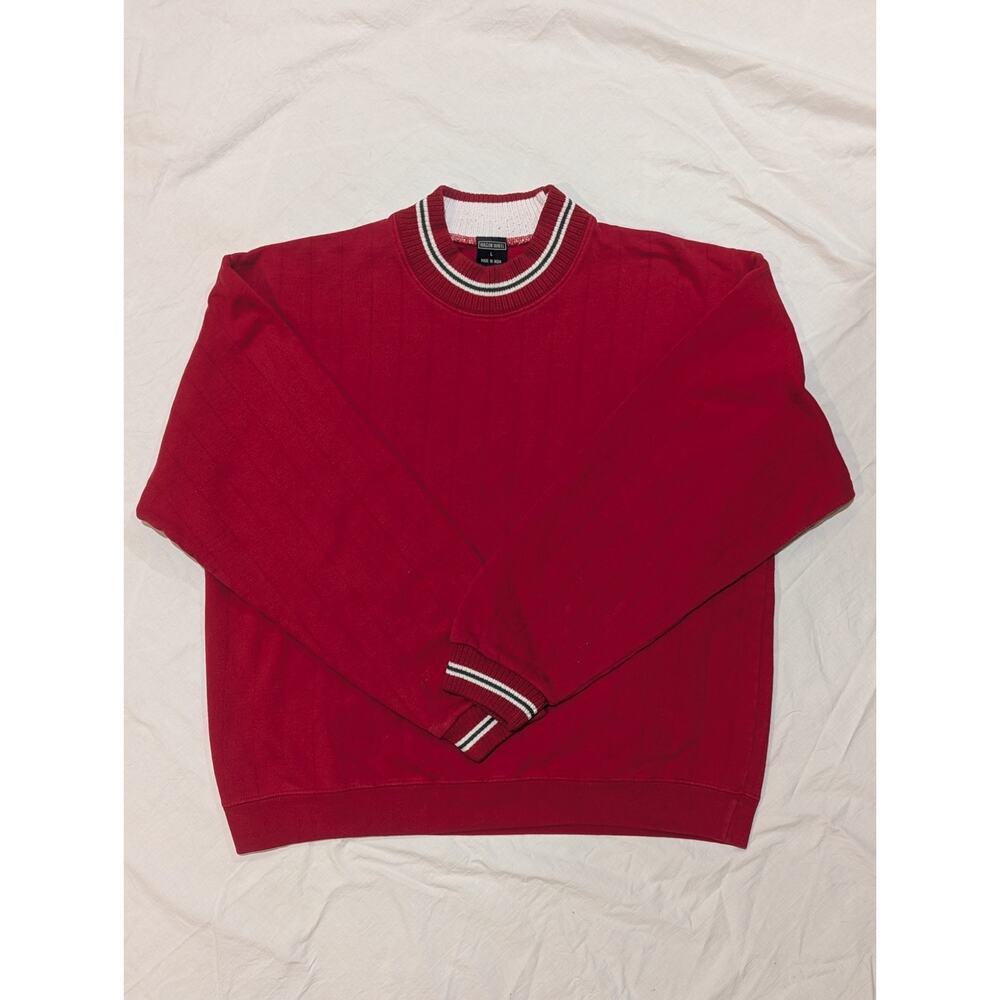 Vintage 90s Red Knit Crewneck Sweater Striped Tipped Collar Unisex L
